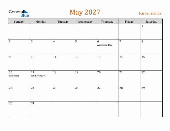 May 2027 Holiday Calendar with Sunday Start