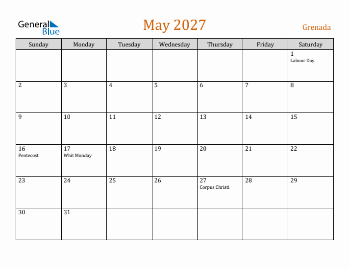 May 2027 Holiday Calendar with Sunday Start