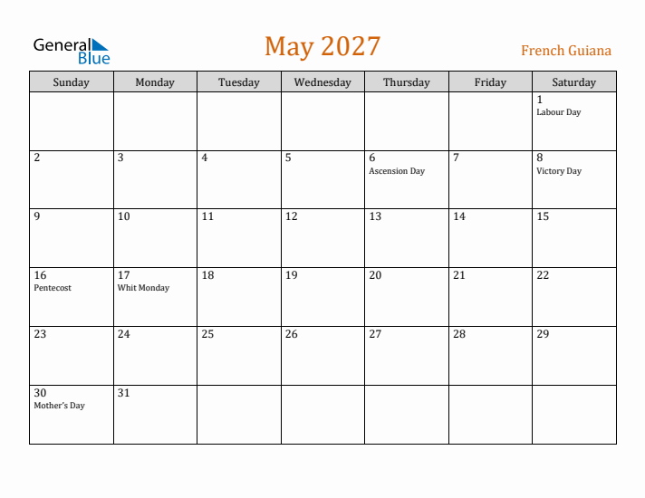 May 2027 Holiday Calendar with Sunday Start