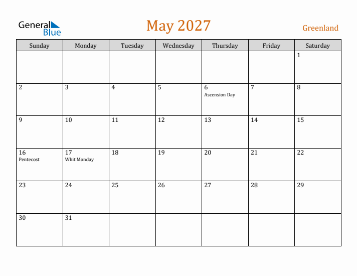 May 2027 Holiday Calendar with Sunday Start