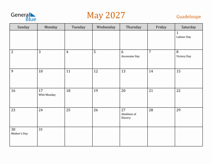 May 2027 Holiday Calendar with Sunday Start