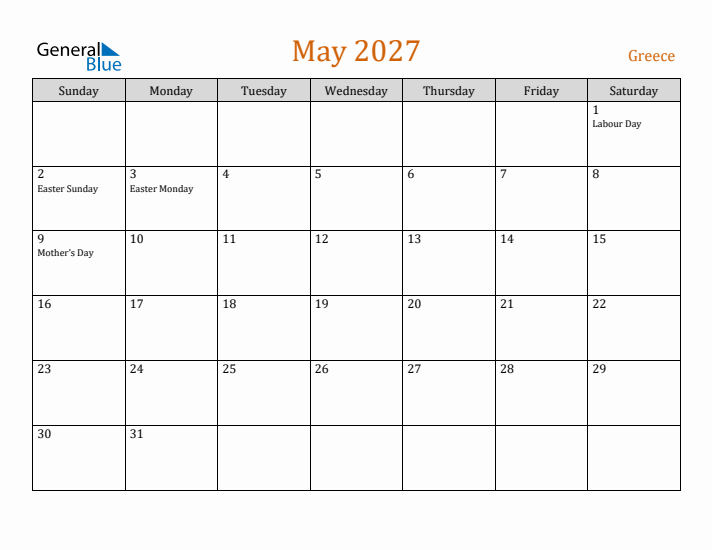 May 2027 Holiday Calendar with Sunday Start