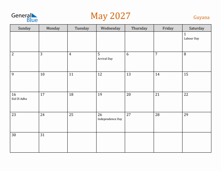 May 2027 Holiday Calendar with Sunday Start