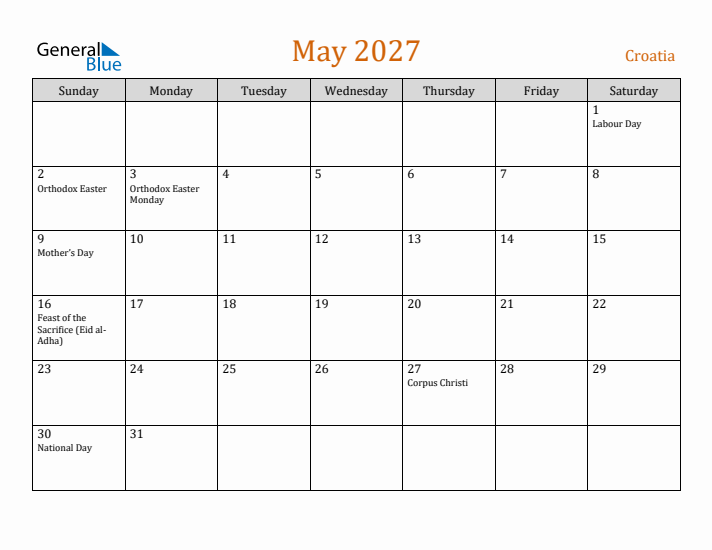 May 2027 Holiday Calendar with Sunday Start