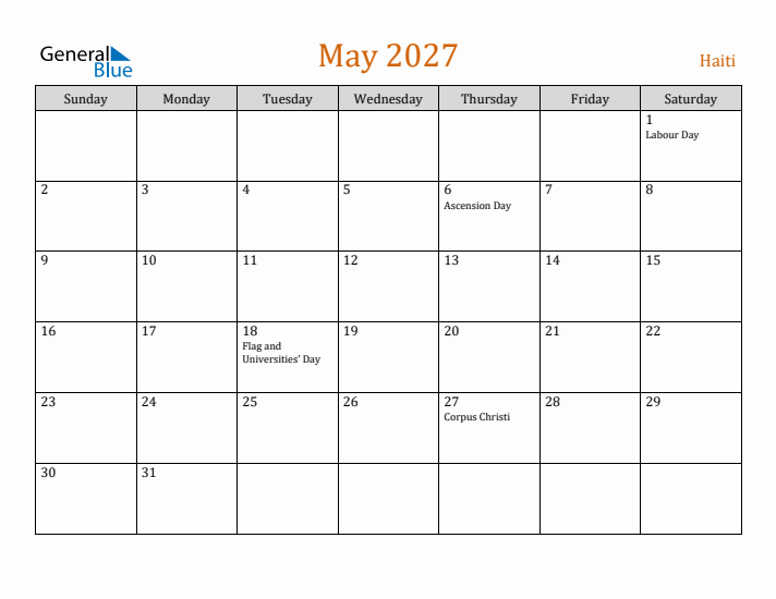 May 2027 Holiday Calendar with Sunday Start