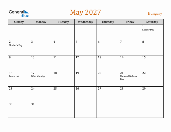 May 2027 Holiday Calendar with Sunday Start