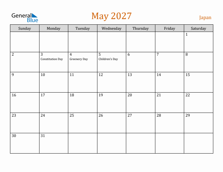 May 2027 Holiday Calendar with Sunday Start