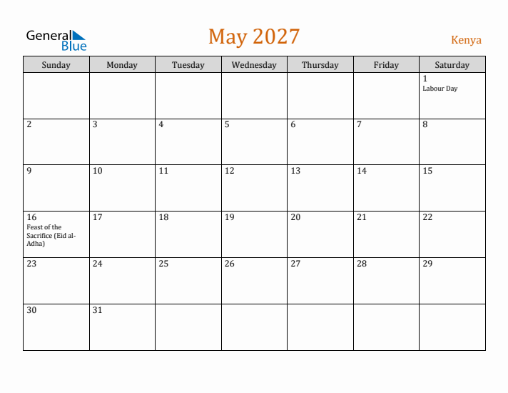 May 2027 Holiday Calendar with Sunday Start