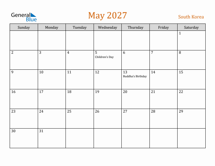 May 2027 Holiday Calendar with Sunday Start