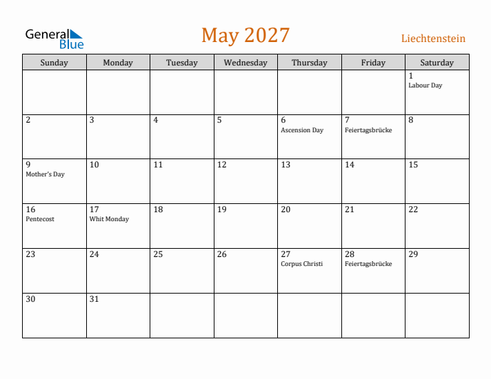 May 2027 Holiday Calendar with Sunday Start