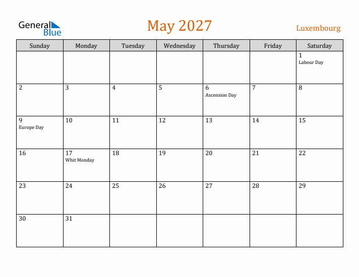 May 2027 Holiday Calendar with Sunday Start