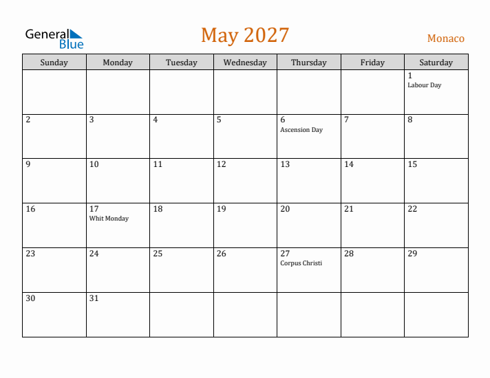 May 2027 Holiday Calendar with Sunday Start