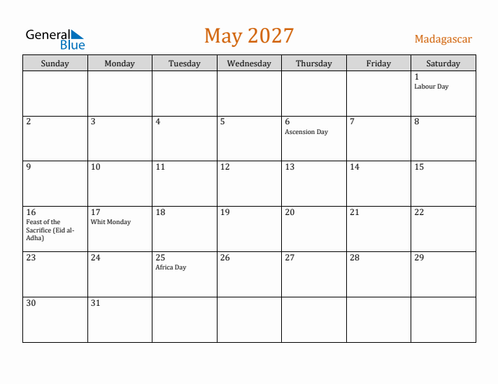 May 2027 Holiday Calendar with Sunday Start