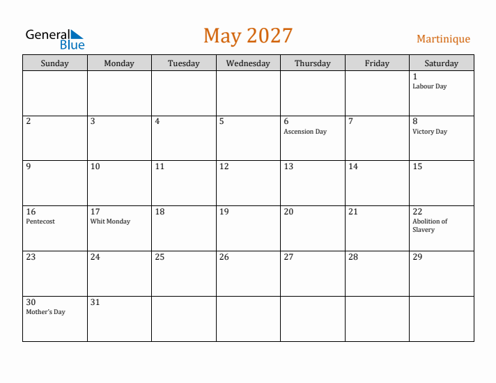 May 2027 Holiday Calendar with Sunday Start