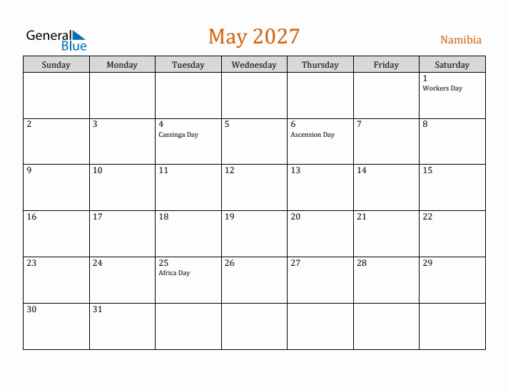 May 2027 Holiday Calendar with Sunday Start