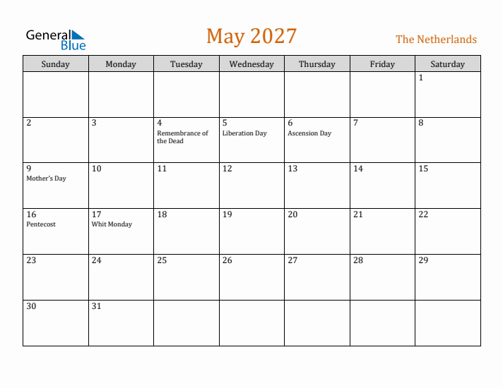 May 2027 Holiday Calendar with Sunday Start