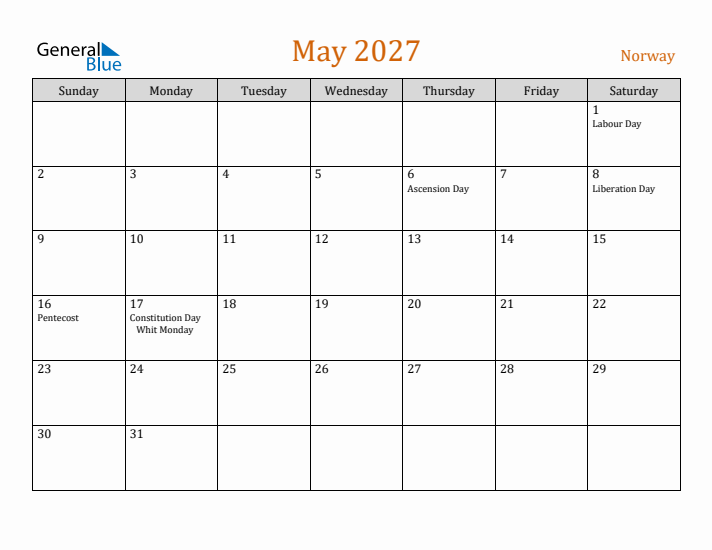 May 2027 Holiday Calendar with Sunday Start