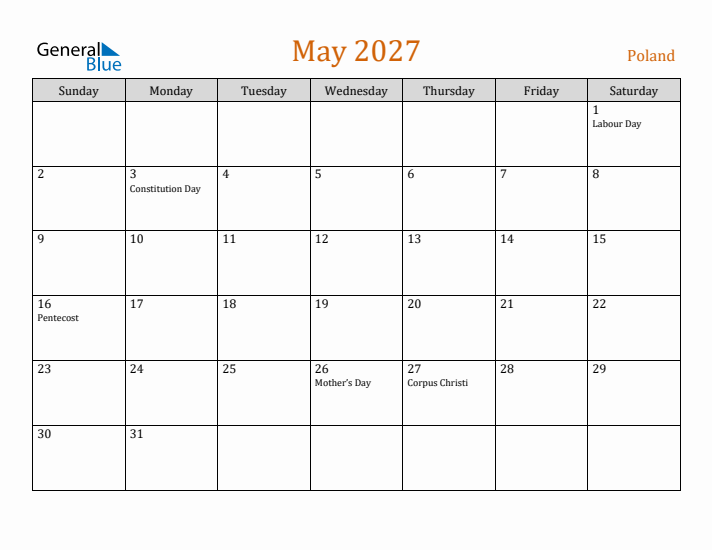 May 2027 Holiday Calendar with Sunday Start