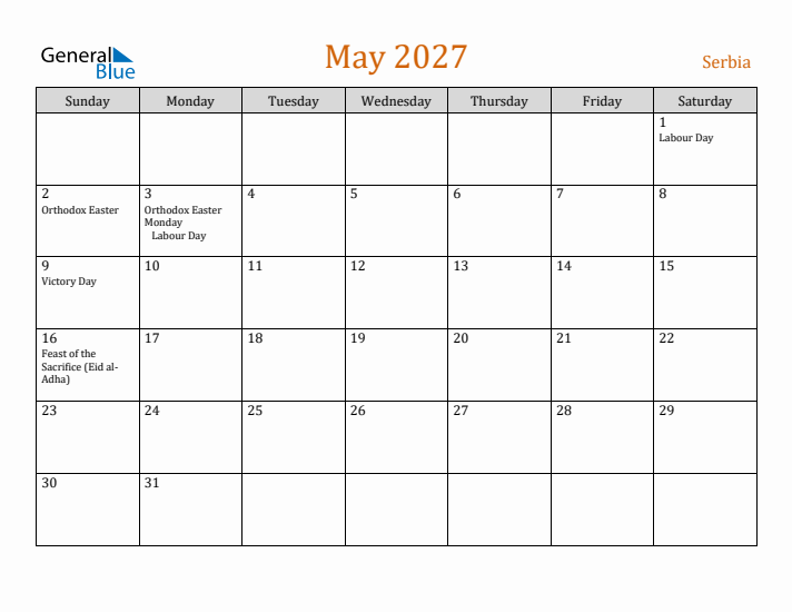 May 2027 Holiday Calendar with Sunday Start