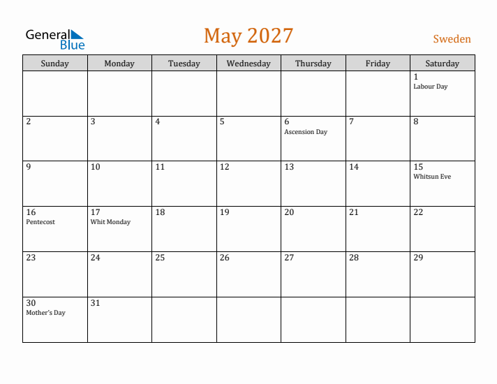 May 2027 Holiday Calendar with Sunday Start