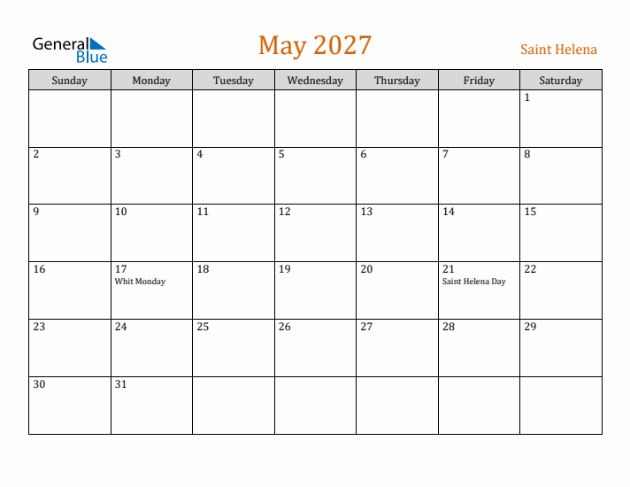 May 2027 Holiday Calendar with Sunday Start