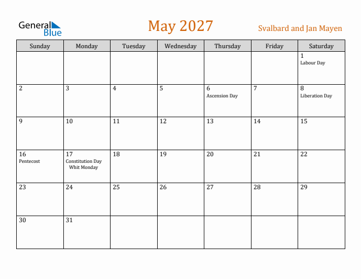 May 2027 Holiday Calendar with Sunday Start