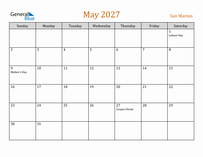 May 2027 Holiday Calendar with Sunday Start