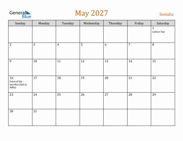 May 2027 Holiday Calendar with Sunday Start