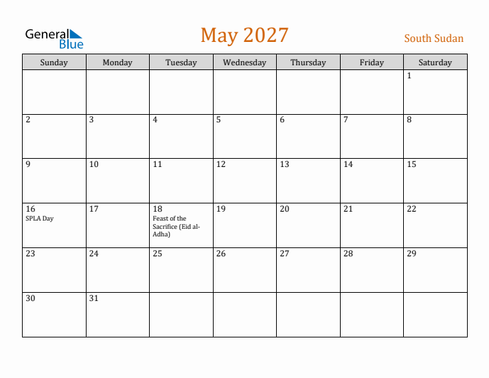 May 2027 Holiday Calendar with Sunday Start