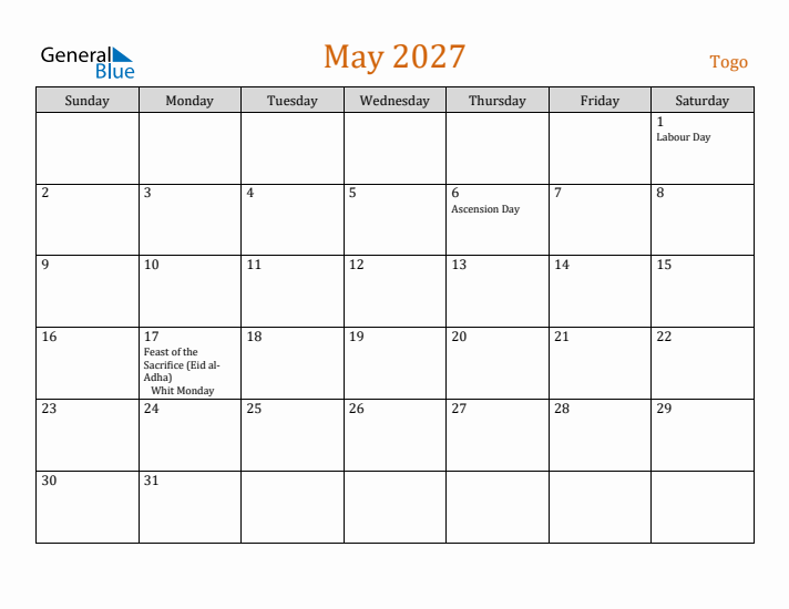 May 2027 Holiday Calendar with Sunday Start