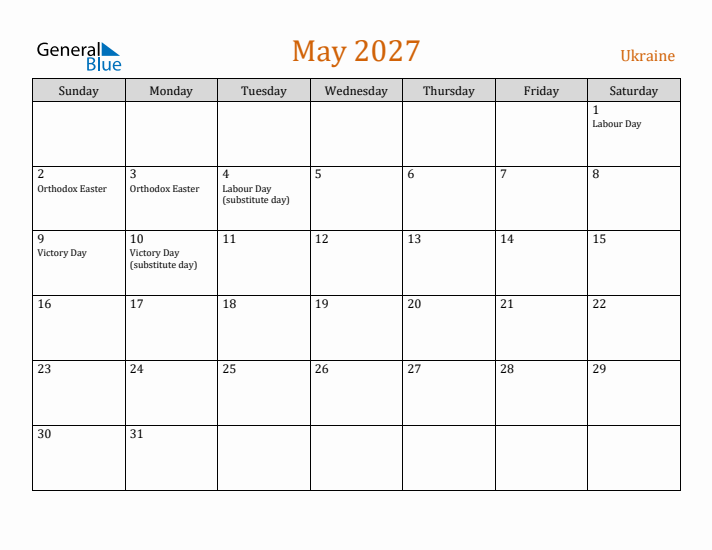 May 2027 Holiday Calendar with Sunday Start