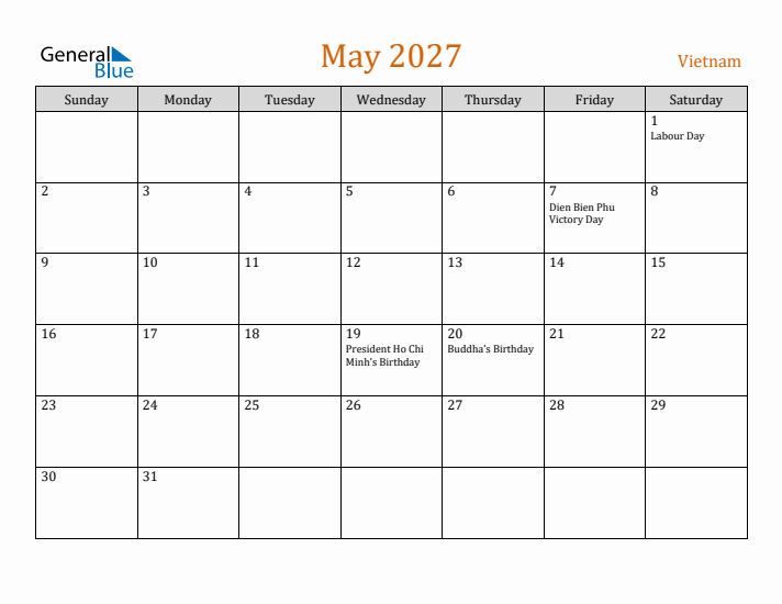 May 2027 Holiday Calendar with Sunday Start