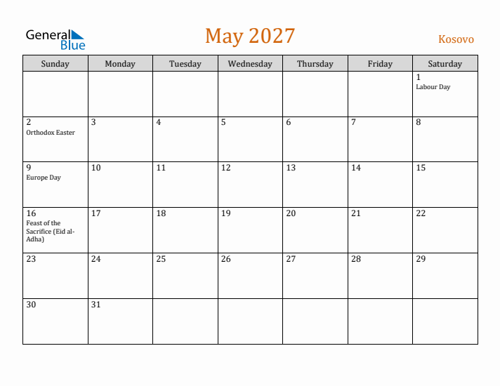 May 2027 Holiday Calendar with Sunday Start