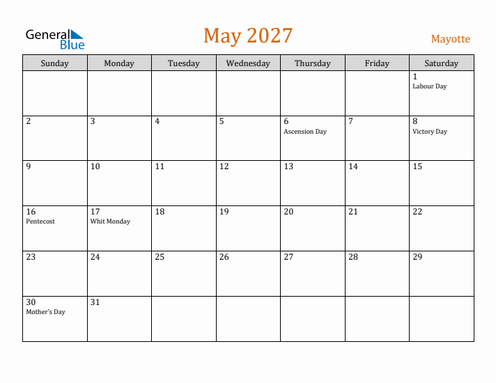 May 2027 Holiday Calendar with Sunday Start