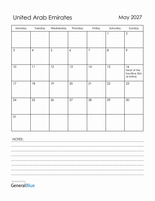 May 2027 United Arab Emirates Calendar with Holidays (Monday Start)