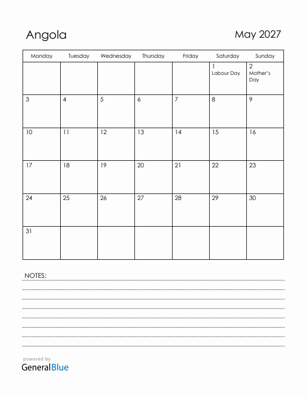 May 2027 Angola Calendar with Holidays (Monday Start)