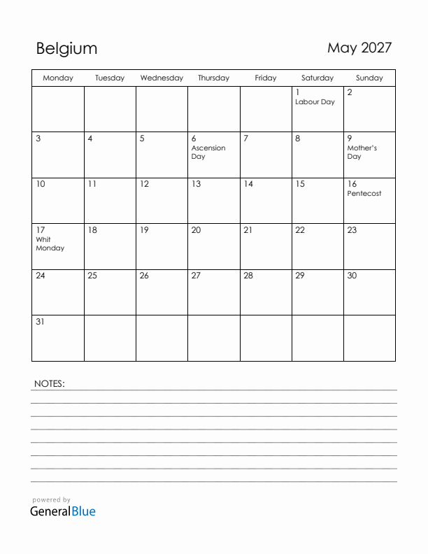 May 2027 Belgium Calendar with Holidays (Monday Start)