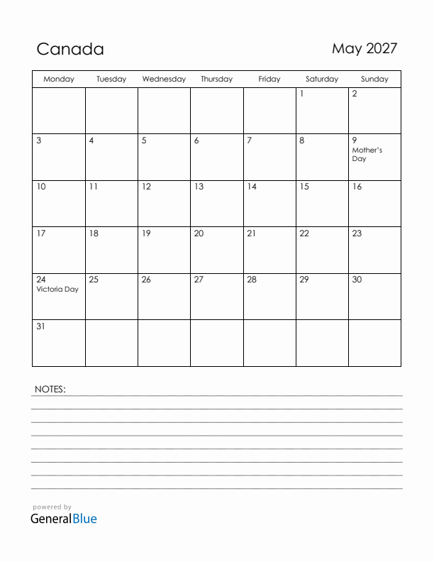 May 2027 Canada Calendar with Holidays (Monday Start)