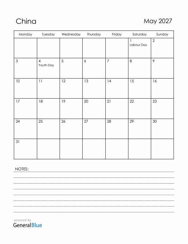 May 2027 China Calendar with Holidays (Monday Start)