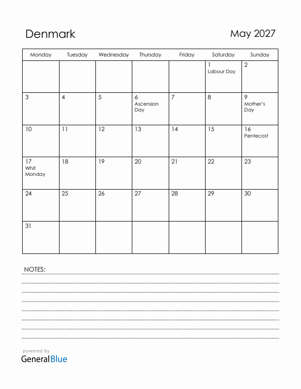 May 2027 Denmark Calendar with Holidays (Monday Start)