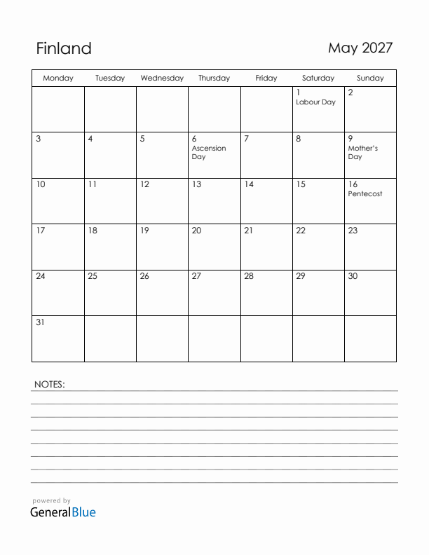 May 2027 Finland Calendar with Holidays (Monday Start)