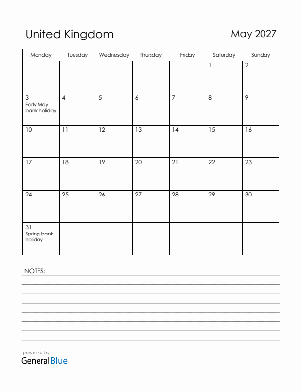 May 2027 United Kingdom Calendar with Holidays (Monday Start)