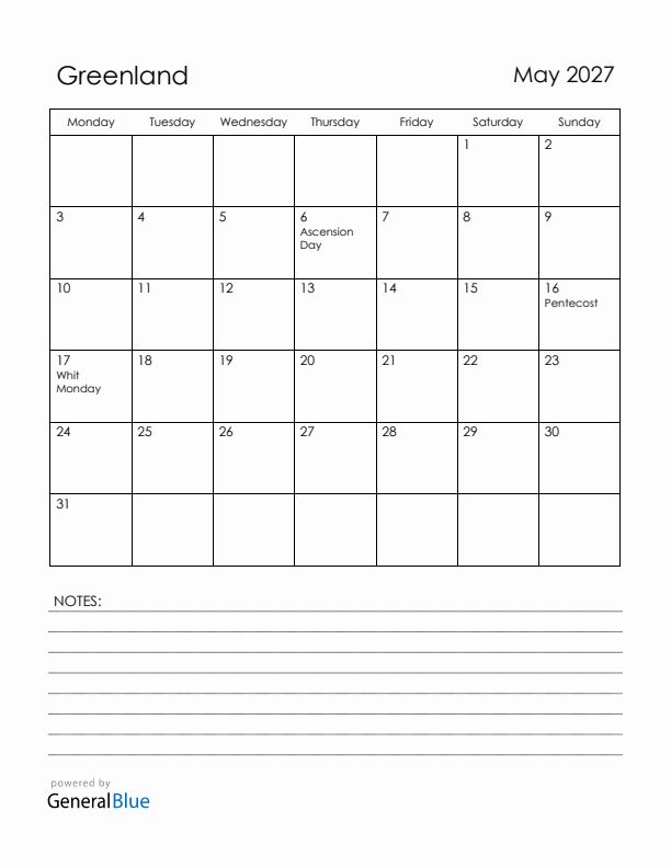 May 2027 Greenland Calendar with Holidays (Monday Start)