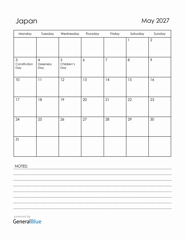 May 2027 Japan Calendar with Holidays (Monday Start)