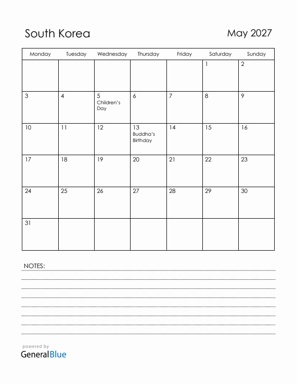 May 2027 South Korea Calendar with Holidays (Monday Start)