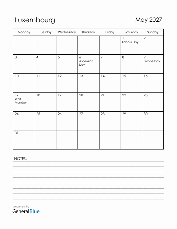 May 2027 Luxembourg Calendar with Holidays (Monday Start)