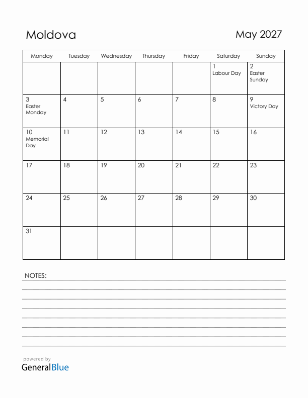 May 2027 Moldova Calendar with Holidays (Monday Start)