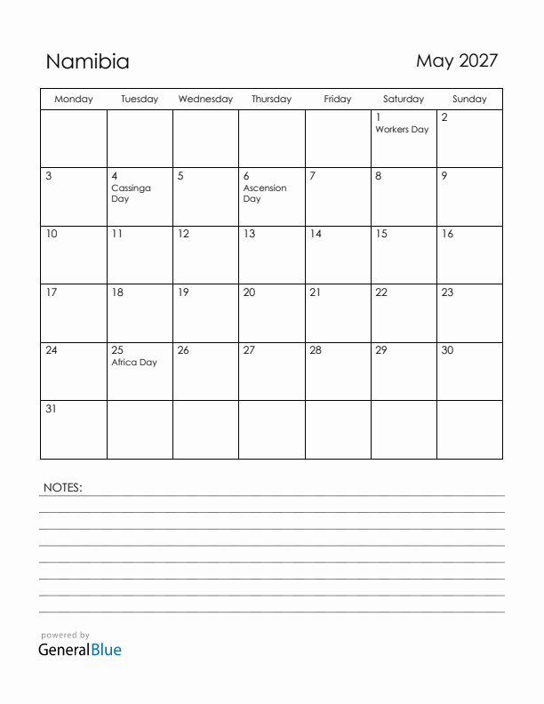 May 2027 Namibia Calendar with Holidays (Monday Start)