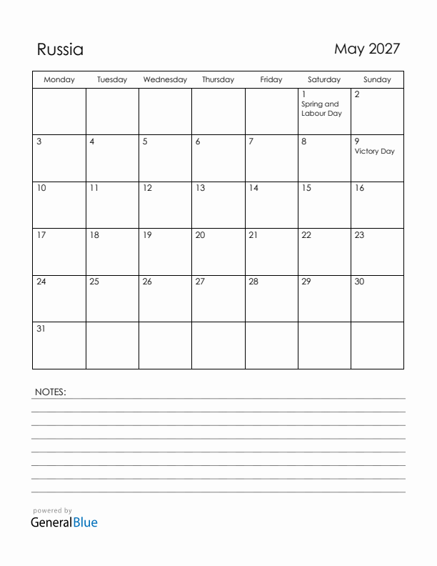 May 2027 Russia Calendar with Holidays (Monday Start)
