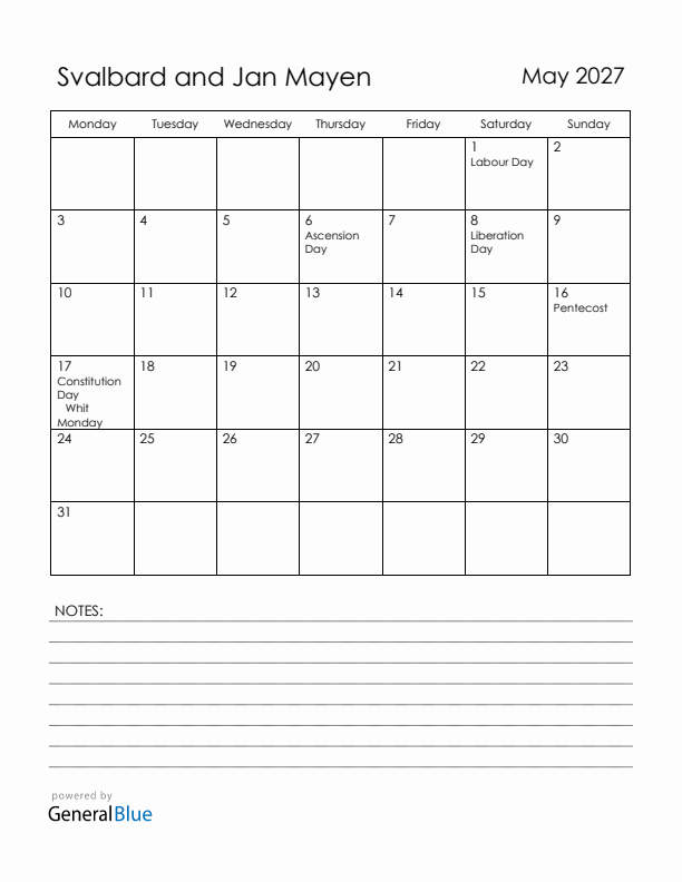 May 2027 Svalbard and Jan Mayen Calendar with Holidays (Monday Start)